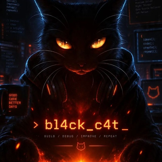 Арт bl4ck_c4t — кот-разработчик за ноутбуком